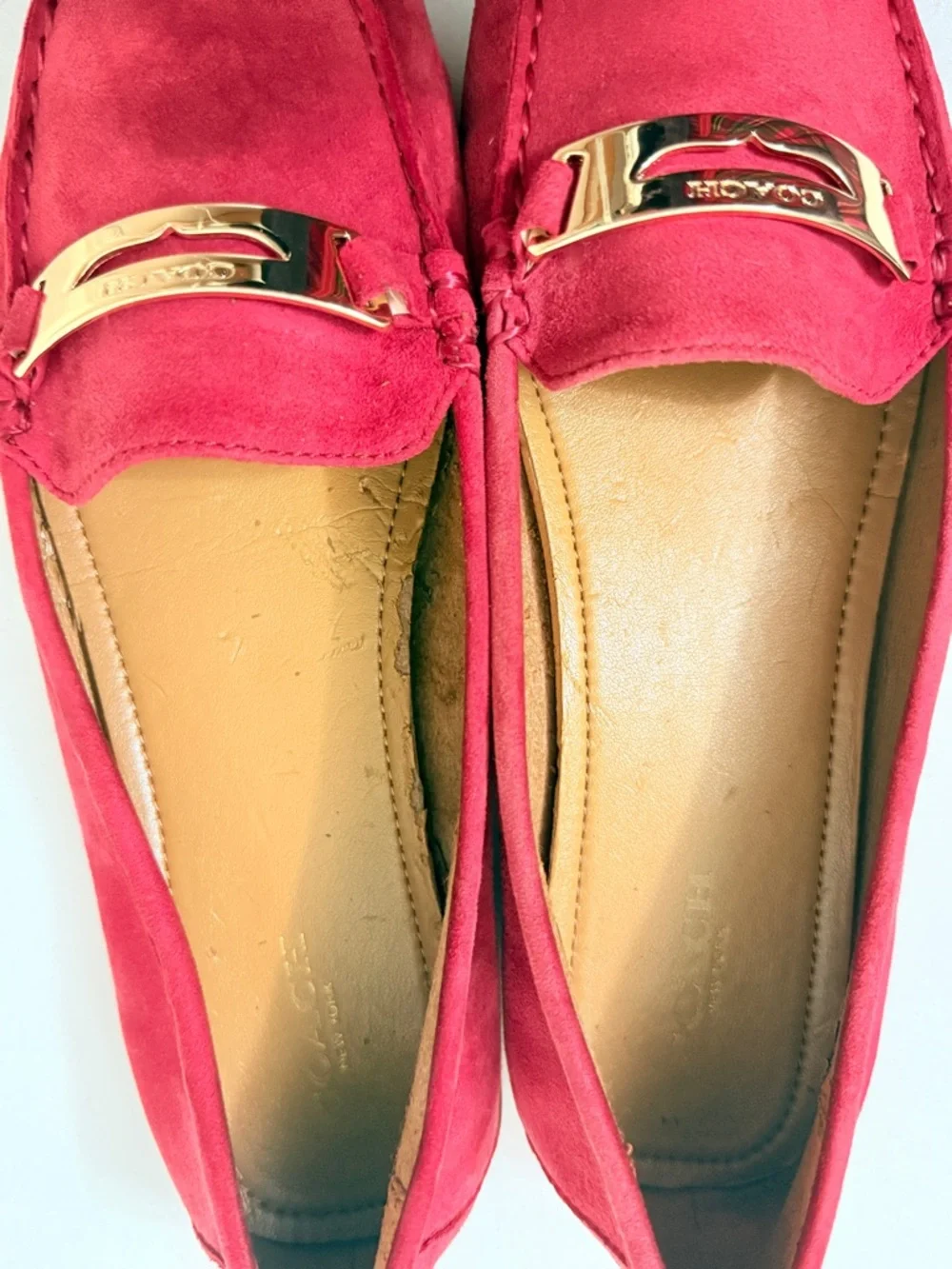 Coach Hot Pink Suede Driving Loafers Gold Logo Flats Womens 10 - Picture 7 of 14